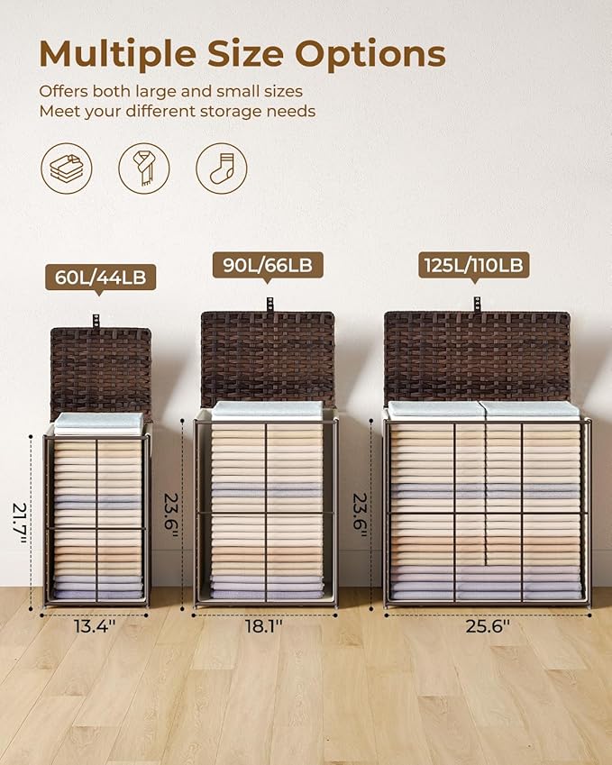 Greenstell Laundry Hamper with Lid, 90L Clothes Hamper with 2 Removable Liner Bags & 2 Mesh Laundry Bags, Handwoven Synthetic Rattan Laundry Basket for Clothes, Toys in Bathroom, Bedroom Brown