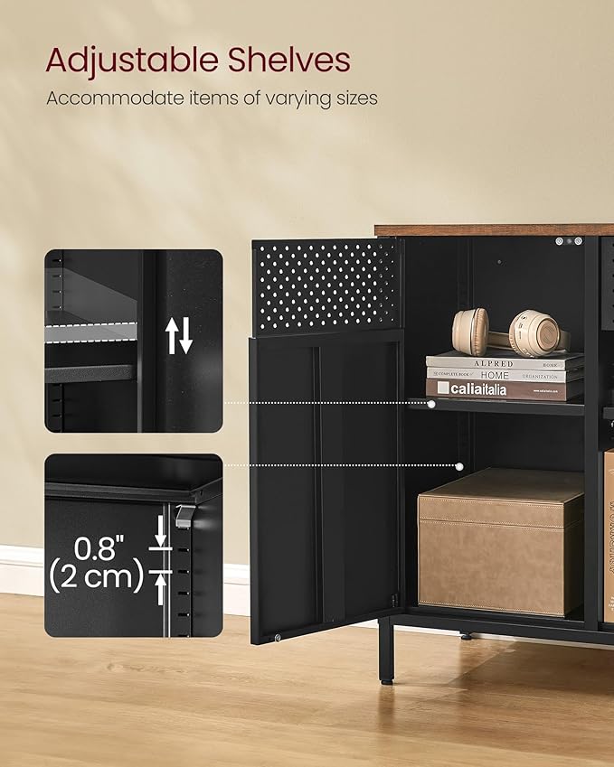 SONGMICS Storage Cabinet, Metal Cabinet, Sideboard with 2 Doors, 15.7 x 43.3 x 29.9 Inches, Magnetic Closure, Adjustable Shelves, Steel Frame, Rustic Brown and Matte Black ULSC204B01
