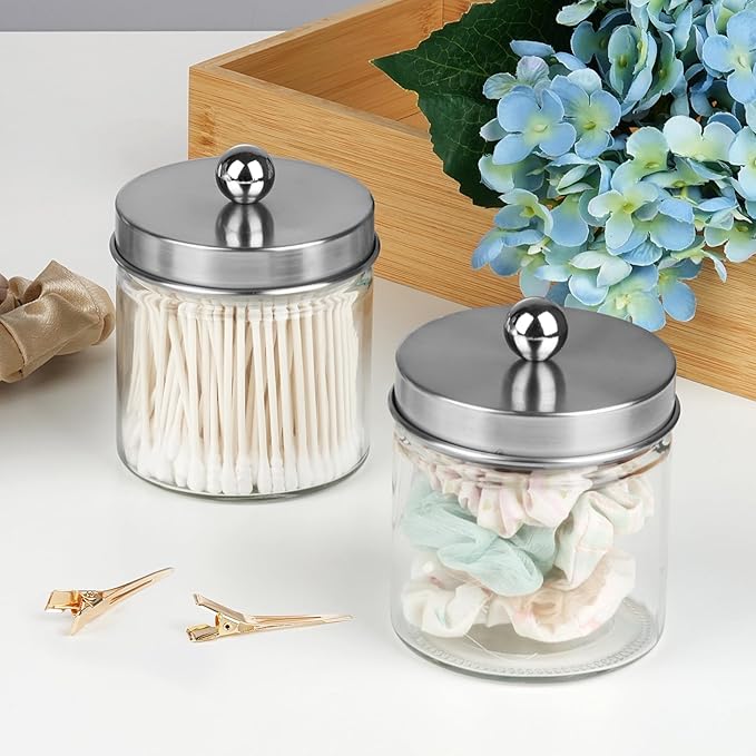 SheeChung Bathroom Organizers and Storage - 3Pack Qtip Holders Bathroom Canister Apothecary Jars for Cotton Swabs, Rounds, Balls, Qtips,Makeup Sponges, Flossers,Bath Salts - Brushed Nickel
