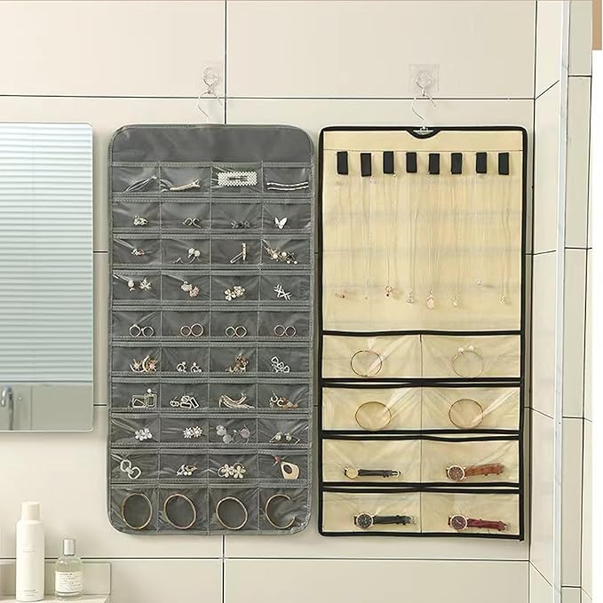 Hanging Jewelry Organizer,80+48 Clear Pockets and 8 Hooks for Jewelries Dual-Sided Display Holder,Wardrobe Storage Holder with Hook for Storing Jewelries Earrings Necklaces Rings Bracelets Glasses