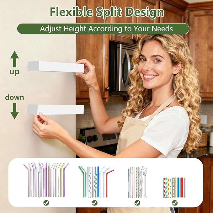 9.5” Large Acrylic Straw Holder for Cabinet Door - Reusable Tumbler Straw Organizer Storage, Small Kitchen Accessories Container, Ultra Sticky Cupboard Door Mounted (White)