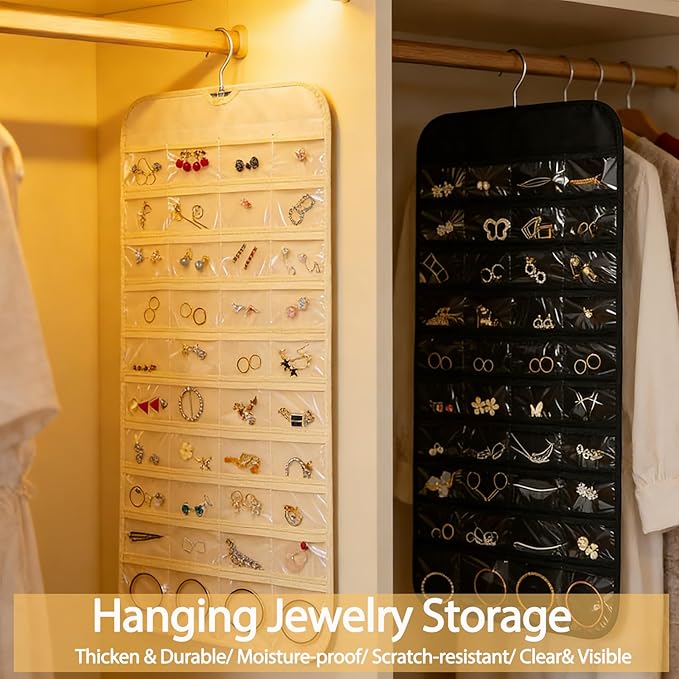 2PCS Hanging Jewelry Organizer with 160 Clear Pockets, 360° Swivel Hook for Double-Sided Jewelry Holder for Earrings, Necklaces, Rings on Closet, Wall, Door, (Black and beige)