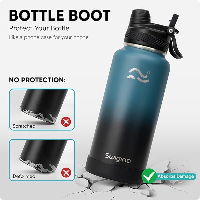[2-IN-1 LID] Insulated Water Bottle with Silicone Boot (36hrs Cold/18hrs Hot) - DIY Stickers, Leakproof, BPA Free, 32 oz