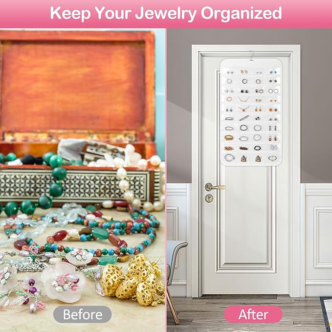 Hanging Jewelry Organizer for Closet with Swiveling Hanger, 17 x 30 In, 80 Clear Pockets Jewelry Organizer Hanging for Jewelries, Earrings, Accessories (Beige) (2, White)