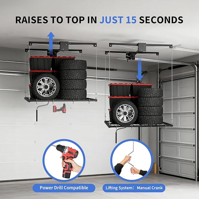 Garage Ceiling Storage Rack,Storage Elevator for Garage,4x4 ft Overhead Lift Storage with 350 Lb Capacity,Smooth Crank System, Space-Saving Design for Garage Organization