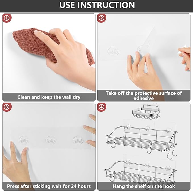 8 Pack Shower Caddy Adhesive Hooks and Shelves Replacement, Strong Adhesive Hooks for Caddy Rack Basket Holder