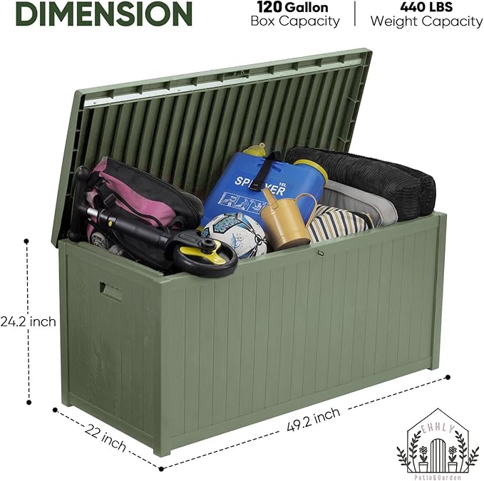 EHHLY 120 Gallon Outdoor Storage Box, Lockable Outside Storage Box Waterproof, Patio Cushions Deck Storage Boxes, Rattan Plastic Garden Hose Containers Resin Pool Storage Bins with lids, Sage Green