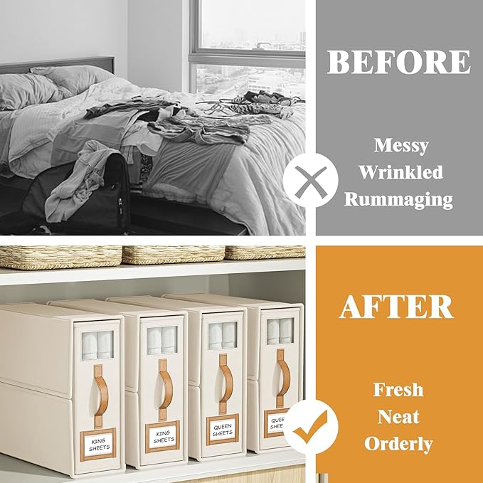 3 Pack Foldable Bed Sheets Set Organizers and Storage(King & Queen Size),Linen Fabric Closet Organizers with Window,Folding Bedding Storage Box for Bedsheets and Pillow Cube Organizer-Beige
