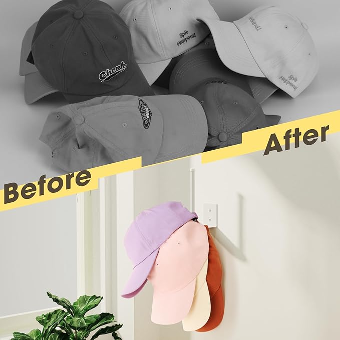 6 Pack Hat Racks for Baseball Caps, Stainless Steel Hat Organizer for Baseball Cap, Hat Holder Storage Organizer, Hat Hanger Strong Adhesive/Wall Drilled for Door, Bedroom, Closet(White 6 in)