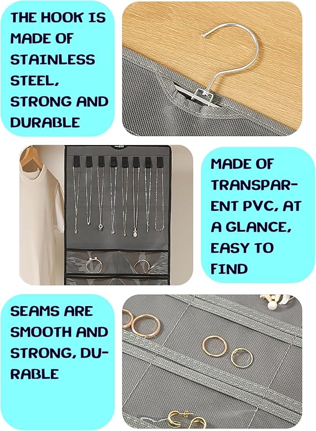 Hanging Jewelry Organizer: Necklace & Earring Holder with Pockets for Closet, Wall or Door (Grey)