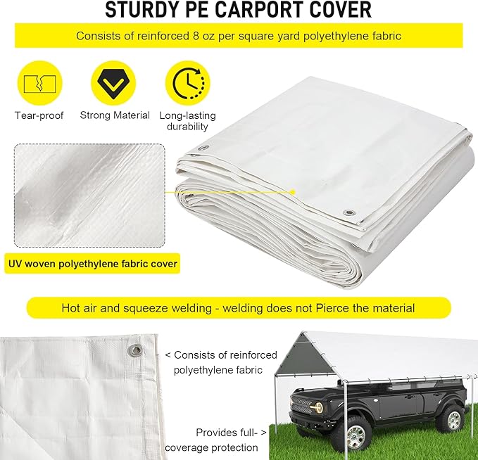 10 x 20 Ft Carport Replacement Canopy Cover Garage Top Tent Shelter Tarp with Free 48 Ball Bungee Cords,White(Only Cover, Frame Not Include)