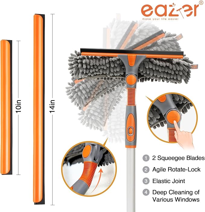 Eazer 64'' Squeegee Window Cleaner 2 in 1 Rotatable Window Cleaning Tool Kit with Telescopic Pole, Window Washing Equipment with Bendable Head for Indoor/Outdoor Window and Car Glass