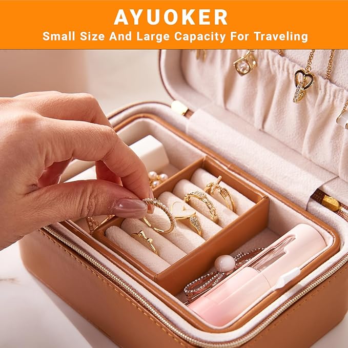 Brown Small Travel Jewelry Box,2 Layers PU Leather Travel Jewelry Box with Double Zippers, Portable Travel Jewelry Organizer for Necklace/Bracelet/Ring/Brooch