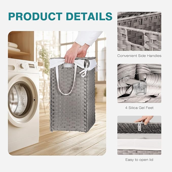 DUMOS Wicker Laundry Basket with Lid, 29.6 Gallon (112L) Woven Laundry Hamper with Handles, Foldable Rattan Clothes Hamper with Removable Liner & Sturdy Steel Frame, Dove Gray
