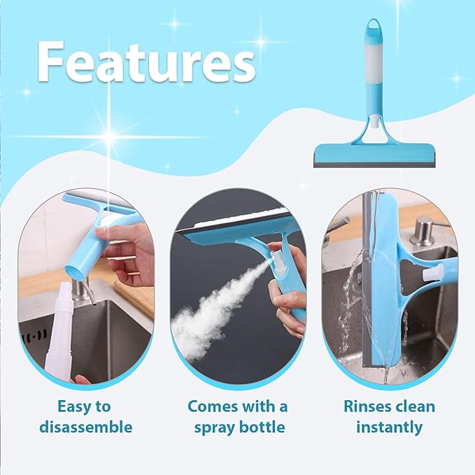 3 in 1 Window Cleaning Scraper Shower Squeegee for Glass Doors Mirror with Sprayer Squiggy for Windshield Cleaner Tool Washing Spray Home Floor Scraper(Blue)
