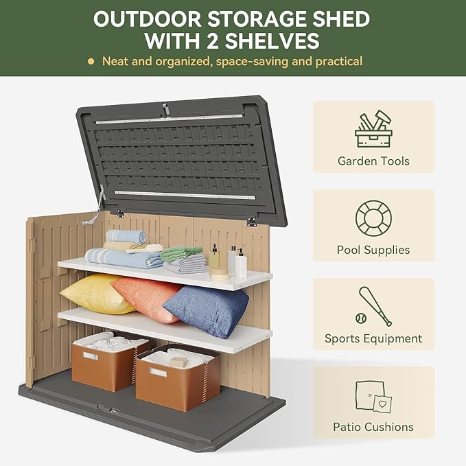Aoxun Outdoor Storage Cabinet 35 Cu.Ft 2 Shelves, Outdoor Trash Can Storage Shed Waterproof Horizontal Storage Shed Outdoor Storage for Garbage Bin, Generator, and Lawn Mower (Brown)