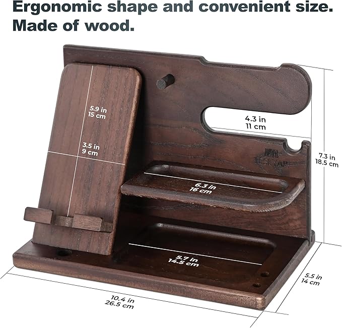 TESLYAR Wood Phone Docking Station for Men - Desk or Nightstand Organizer - Birthday Gifts for Husband, Dad - Anniversary Idea from Wife - Key Holder, Stand Wallet, Watch & Essentials (Wenge)