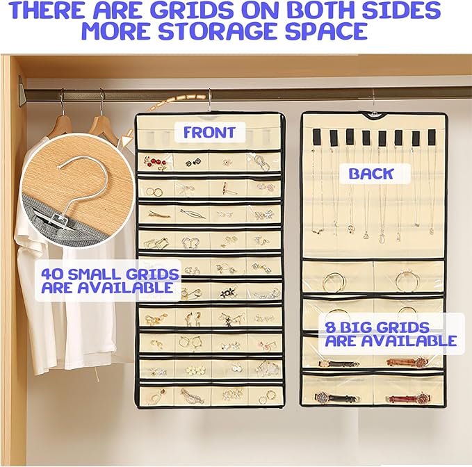 ONEPEACE Hanging Jewelry Organizer: Necklace & Earring Holder with Pockets for Closet, Wall or Door (Black)