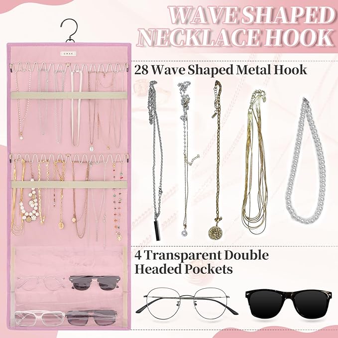 GMAK Hanging Jewelry Organizer with Hanger Metal Hooks, Double-Sided Jewelry Holder Accessories Organizer Storage Roll for Jewelry, Earrings, Bracelets, Necklaces, Rings - Pink