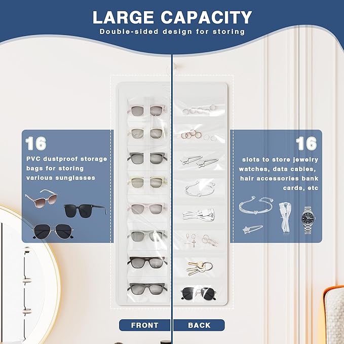 Hanging Sunglasses Organizer and Storage, Dual-Sided Sunglasses Case and Jewelry Holder, Wall-Mounted, 32 Clear Slots, Dust-Proof, Roof Design for Travel, White