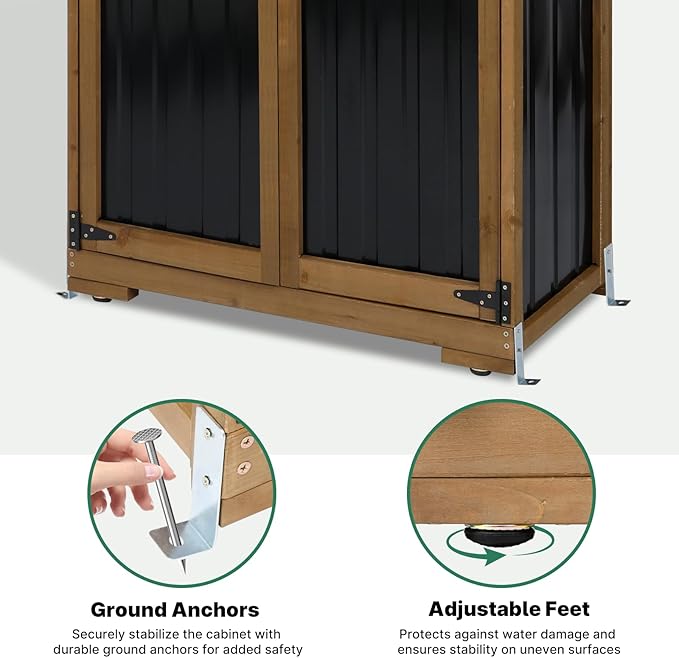 Outdoor Storage Cabinet, Tall Tool Garden Cabinet with Weather-Resistant Roof, Double Lockable Doors, 3 Removable Shelves & Adjustable Feet, for Patio, Garden, Backyard, 32" x 15.5" x 66"
