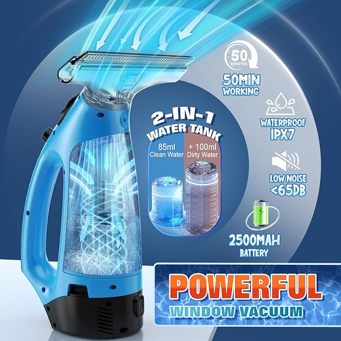 3 in 1 Rechargeable Window Vacuum Squeegee Cordless with 10 Inch Blade, Window Cleaner & Window Cleaning Tool for Spraying, Wiping and Vacuuming Glass, Mirrors, Shower Doors, Tiles and Countertops