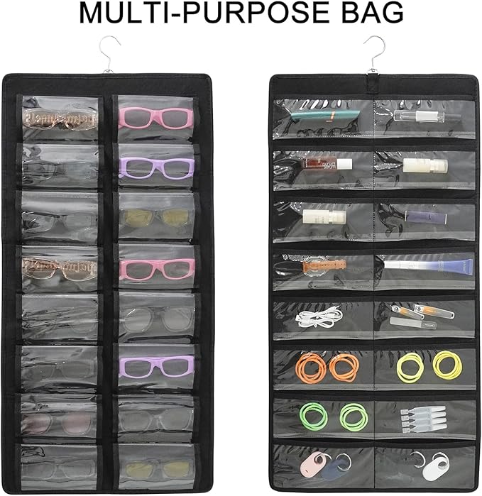 Hanging Jewelry Organizer，Dust Proof Eyeglasses Holder with 32 Clear Slots, Sunglasses Organizer Storage Wall Mounted, Sunglasses Display With 360-Degree Rotating Hook (Black)