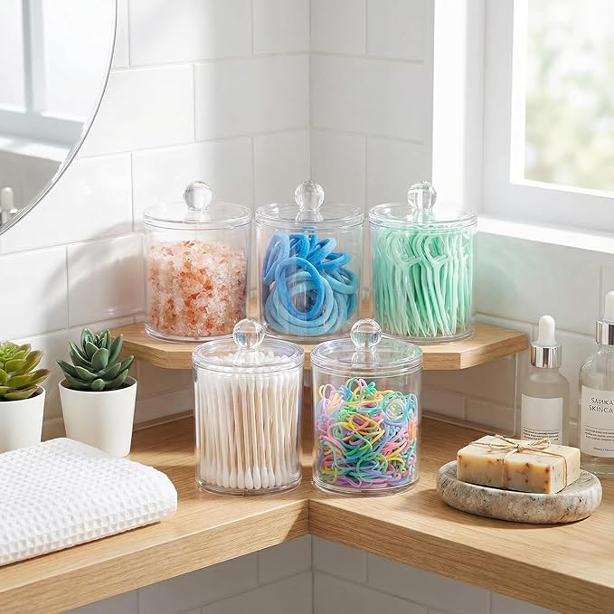 SheeChung 8 Pack Clear Acrylic Apothecary Jars with Labels,(4) 12oz & (4) 10oz Qtip Holder Set,Shatterproof Bathroom Vanity Organizer for Cotton Swabs,Balls,Pads,Bathroom Essentials,Minimalist Decor