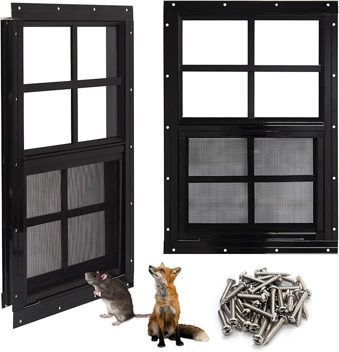 NeatiEase Upgraded Shed Windows 2 Pack, 20" x 30" Windows with Tempered Glass and Stainless Steel Screen for Shed, Chicken Coop, Playhouse, Household, Garage(Black)