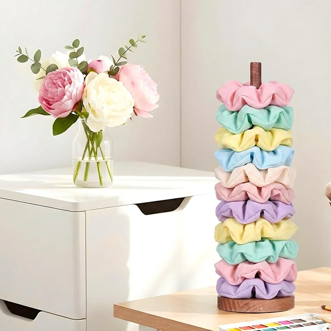 2 Pcs Scrunchie Holder Stand Hair Tie Organizer Vertical 15-20 Scrunchies Hairs Accessories Organizer Display Scrunchy Wood Hair Tie Holder Storage for Women Bathroom Bedroom Decor (Walnut wood, large)