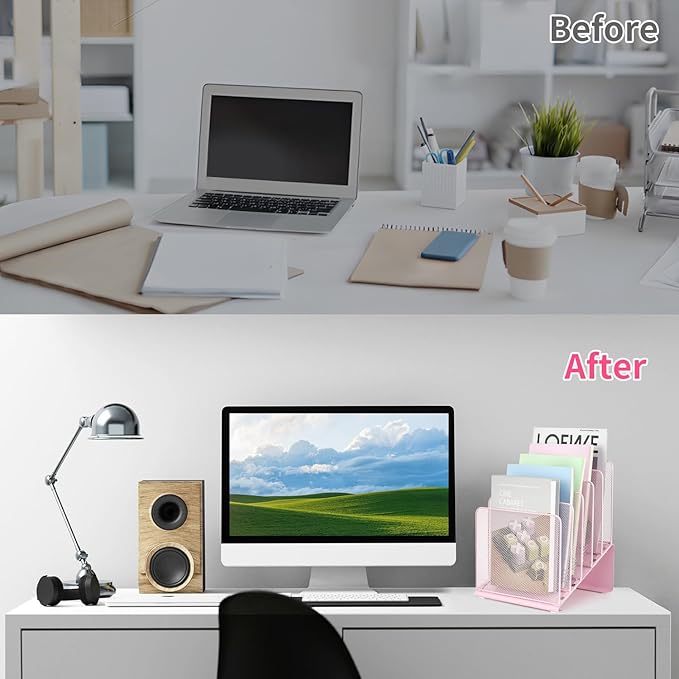 File Organizer for Desk, Desk Organizer with 5-Section Vertical File Rack, Folder Organizer,Workspace Organizers (Pink)
