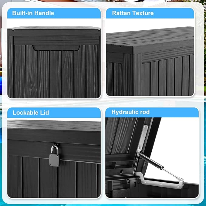 200 Gallon Lockable Resin Outdoor Storage Box, Waterproof & Weather Resistant Deck Box for Patio Cushion, Garden Tools & Pool Accessories, Black