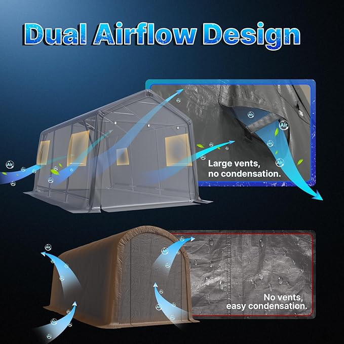 ADVANCE OUTDOOR 10x15 ft Shelter Storage Shed Steel Metal Peak Roof Portable Garage Carport for Motorcycle, Boat or Garden Tools with 2 Roll up Doors & Vents, Gray