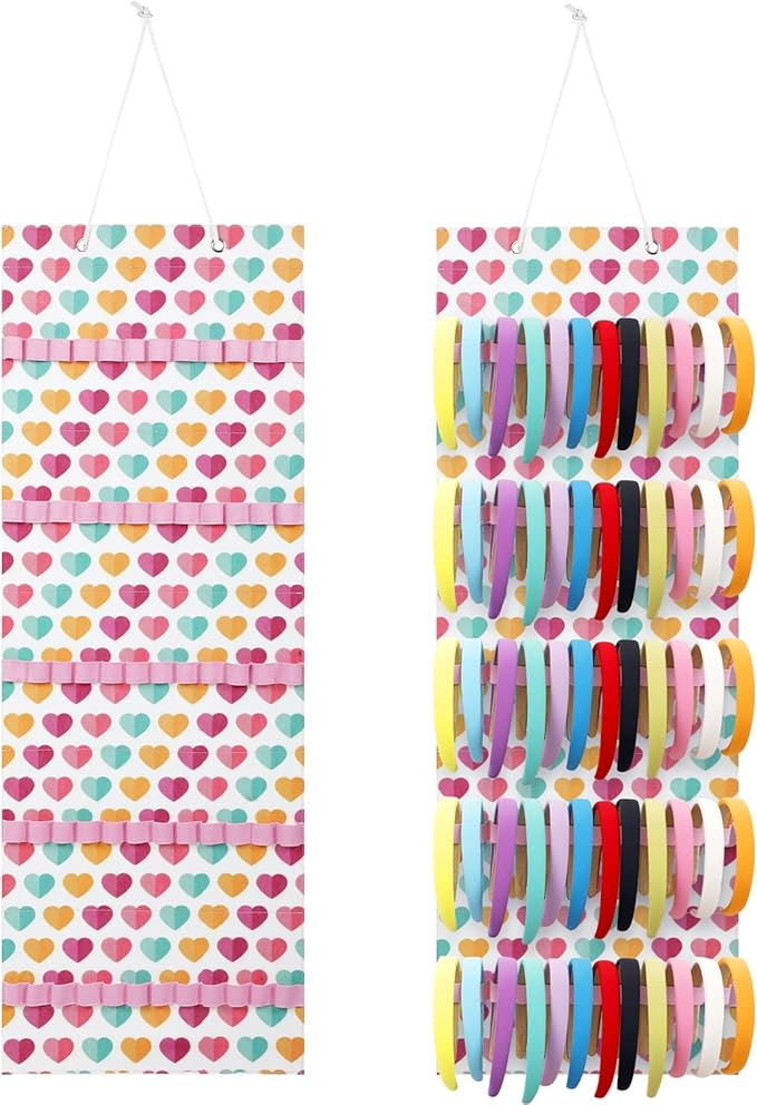 Tudomro Hanging Headband Holder for Girls Felt Hair Accessories Organizer with 60 Elastic Bands Bow Hanger for Girls Hair Bows Without Headbands(Plain Style,Colorful)