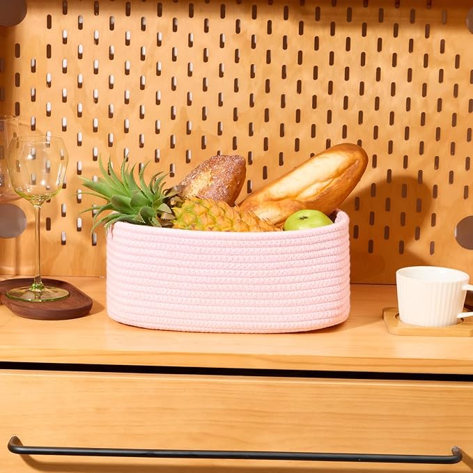 Small Storage Baskets for Organizing | Closet Organizer Bins | Shelf Toy Basket | Woven Rope Baskets | Cube Decorative Box | Shallow Basket | 11.5x7.5x4.7” | 4 Packs Light Pink