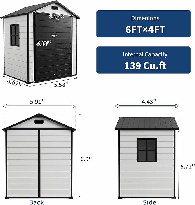 6x4 FT Outdoor Storage Shed with Floor, Plastic Resin Garden Shed with Window & Sloping Roof & Lockable Door for Patio Backyard Garden, Lawn Mower, Bike, Tool Storage