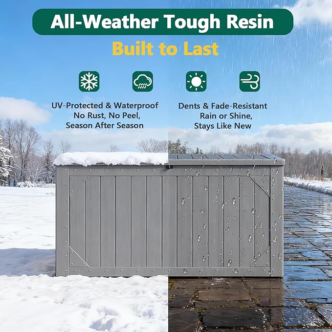 100 Gallon Outdoor Storage Box, Waterproof Resin Deck Box Organizer for Patio Cushion Storage, Lockable Outside Container for Garden Tools
