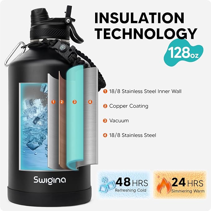 1 Gallon Insulated Water Bottle with Silicone Boot (48hrs Cold/24hrs Hot) - DIY Stickers, Leakproof, BPA Free, 128 oz [2-IN-1 LID]