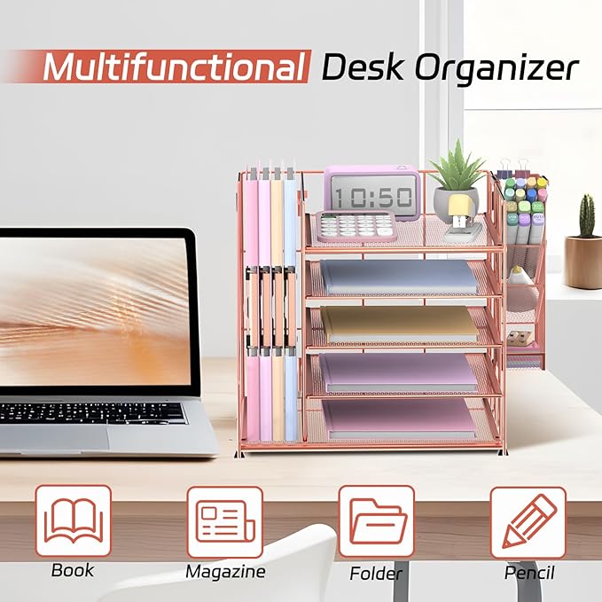 Rose Gold Desk Accessories, 5-Tier Desk Organizer with Magazine Holder, Paper Organizer with Pen Holder for Home, Office or School Supplies