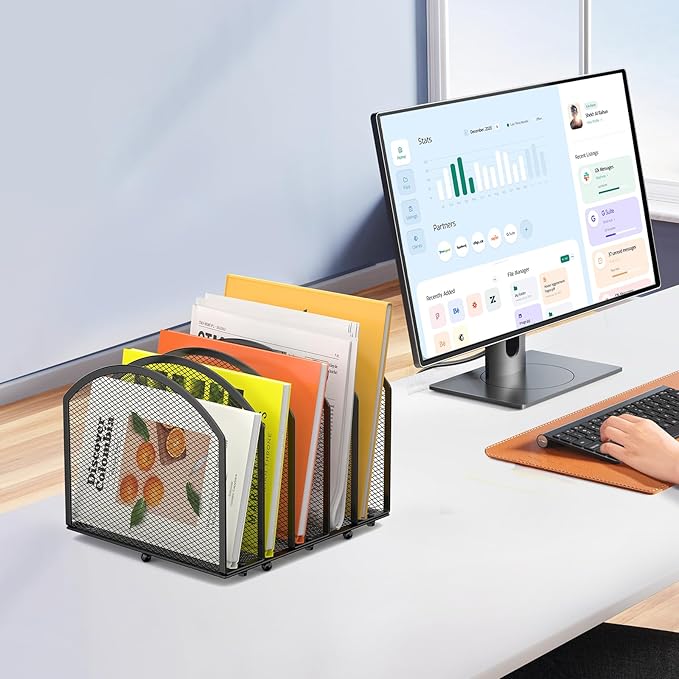 Desk File Organizer 5 Sections Desktop Organizer File Mail Sorter Office Organization File Folder Holder for Office School & Classroom (Black, 5 Section - 2Pack)