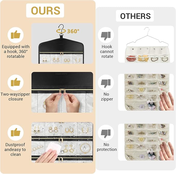 CHICECO Hanging Jewelry Organizer With Zippered Pockets,40 Pockets Travel Jewelry Organizer Storage for Cloest,Wall,Door (Beige)