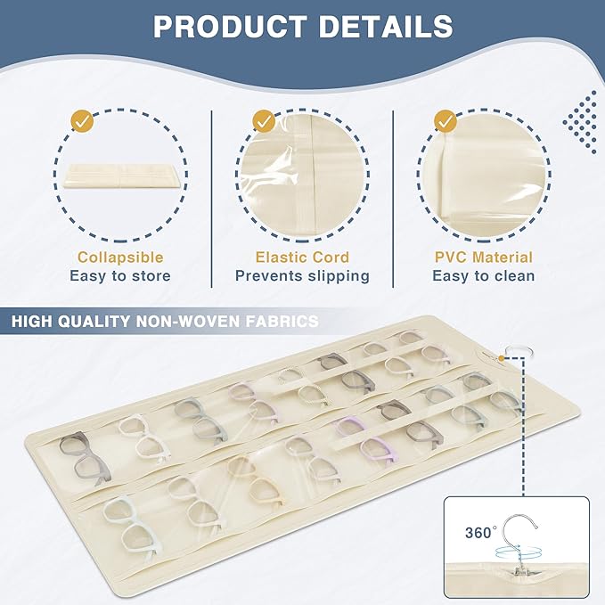 Hanging Sunglasses Organizer and Storage, Dual-Sided Sunglasses Case and Jewelry Holder, Wall-Mounted, 32 Clear Slots, Dust-Proof, Roof Design for Travel, Beige