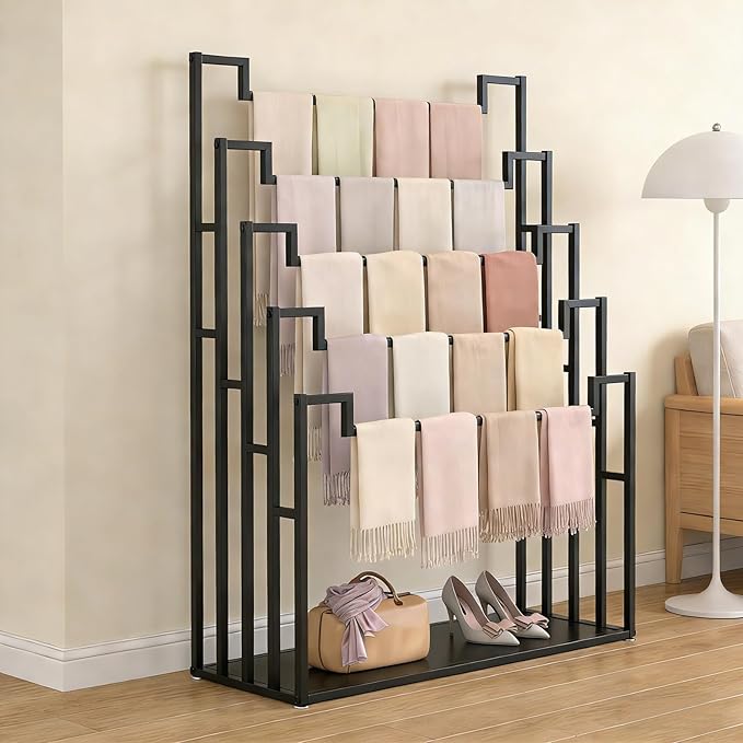 tonchean Freestanding Scarf Organizer, 5 Tier Metal Scarf Rack Hijab Hanger Scarf Storage Holder Ties Belt Pants Rack for Closet, Commercial Clothing Retail Store & Home (31.5X15.7X59.1In)