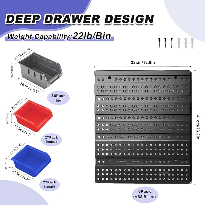 Wall-Mounted Garage Storage Bins, Parts Rack System, Plastic Hanging & Stackable Organizers, Hardware & Tool Storage for Workshop, Craft Room, School & Shop, 90PCS