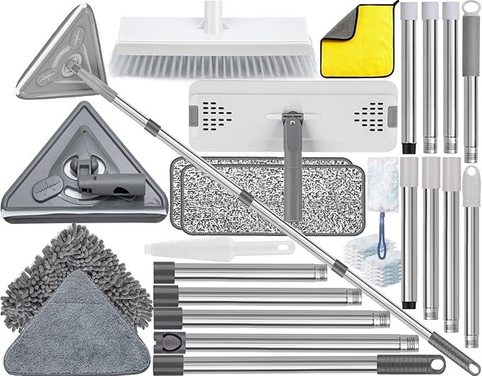 Mops for Floor Cleaning with 57" Long Handle, Scrub Brush, Wall Cleaner Mop with 84'' Long Handle, 2 Reusable Pads, Wet and Dust Mopping for Hardwood, Laminate, Tile Floor, Wall, Ceiling, 19Pcs Gray