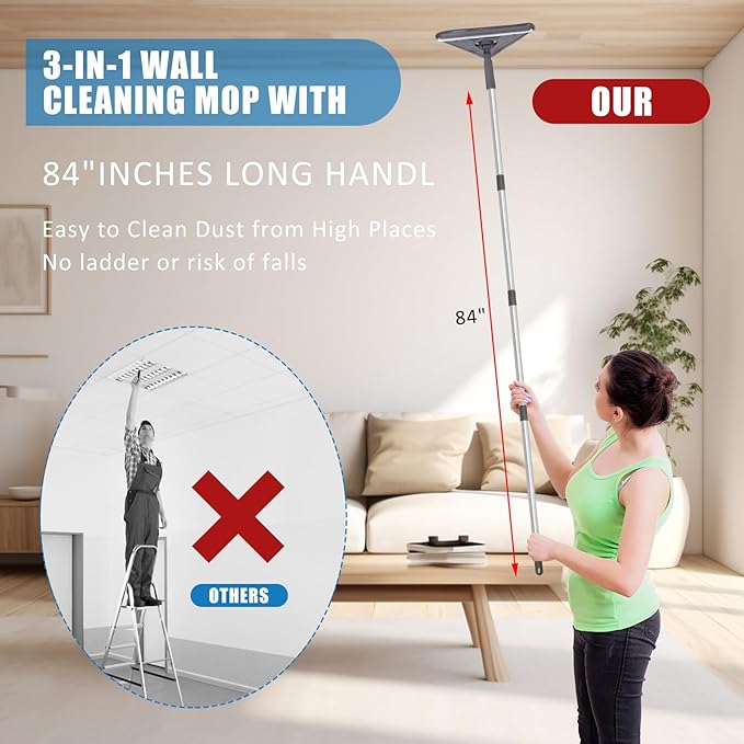 Mops for Floor Cleaning with 57" Long Handle, Wall Cleaner Mop with 84'' Handle, 2 Reusable Pads, Wet and Dust Mopping for Hardwood, Laminate, Tile Floor, Wall, Ceiling, 7Pcs Gray
