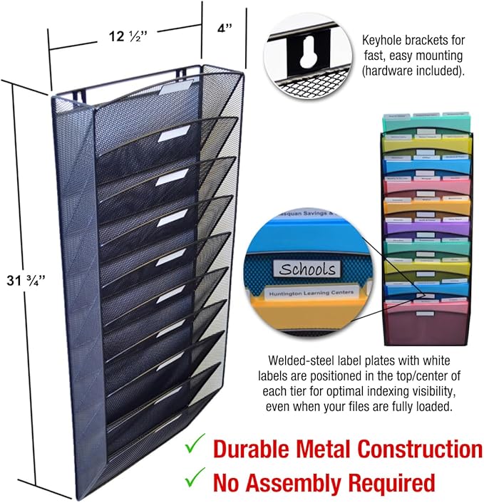 Ultimate Office Mesh Wall File Organizer, 10 Tier Vertical Mount Hanging File Sorter. Multipurpose Display Rack Includes 18, 3rd Cut PocketFile Clear Document Folder Project Pockets (Black)