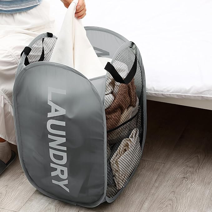 Collapsible Mesh Pop Up Laundry Hamper 2Pack Foldable Laundry Basket for clothing, stuffed animals, towels, for Laundry Room, Dorm, Apartment (Black+Grey)