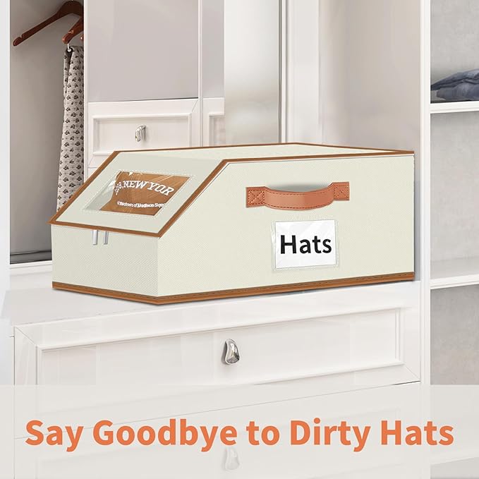 Hat Organizer for Baseball Caps - 2PCS Stackable Storage with Clear Window Lid, Flip-Top Access, Space-Saving Hat Box for Closet, Breathable Fabric (beige with brown)