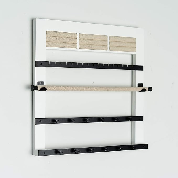 Hives and Honey Tori Wall Hanging Jewelry Rack – Wall-Mounted Organizer with Ring Rolls, Earring Slots, Bracelet Bar & Necklace Hooks, Anti-Tarnish Linen, White